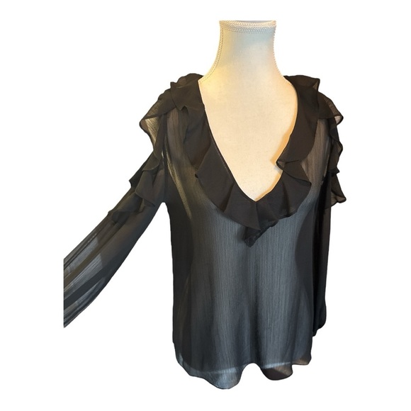 Alice + Olivia Gia Black Ruffle Cold Shoulder Top Sz XS Sheer Romantic Ethereal - Picture 2 of 8